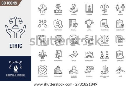 Ethic icon set. Integrity, trust, values, responsibility, honesty, fairness, respect, transparency. Outline icon set. Editable stroke. Vector illustration