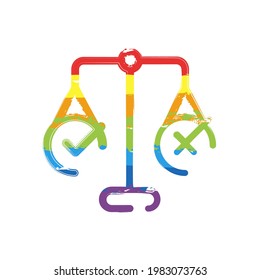 Ethic and moral of social life, scale icon. Drawing sign with LGBT style, seven colors of rainbow (red, orange, yellow, green, blue, indigo, violet