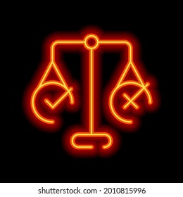 Ethic and moral of social life, scale icon. Orange neon style on black background. Light linear icon with editable stroke