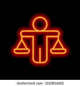 Ethic and moral of social life, scale icon. Orange neon style on black background. Light linear icon with editable stroke