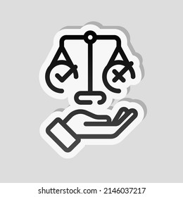 Ethic and moral of social life, scale icon. Linear sticker, white border and simple shadow on gray background