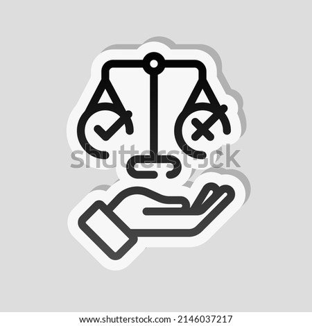 Ethic and moral of social life, scale icon. Linear sticker, white border and simple shadow on gray background