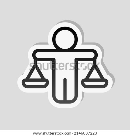 Ethic and moral of social life, scale icon. Linear sticker, white border and simple shadow on gray background