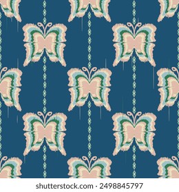 Ethic Motif Ikat butterfly vector pattern. Seamless textile,Pastel tone color embroidery pattern, design for wrapping a silk scarf, hand drawn carpet background.