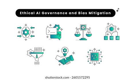 Ethical AI Governance and Bias Mitigation. Ethical AI Governance Icon, Hallucination Mitigation Icon, Fine-Tuning Icon, AI Model Training Icon, Ethical AI.