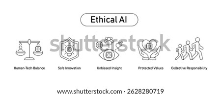 Ethical AI Principles Icon Set. Human-Tech Balance, Safe Innovation, Unbiased Insight, Protected Values, Collective Responsibility. Editable Stroke Icons.