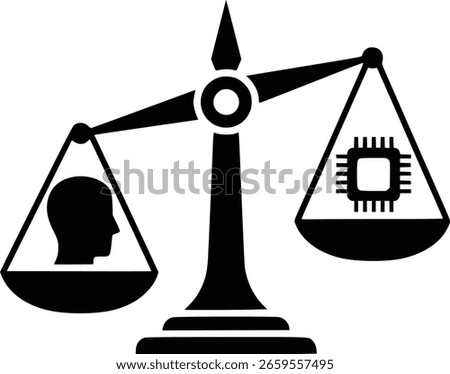 Ethical AI vector icon. Concept for responsible artificial intelligence, AI governance, and technology ethics. Minimalist symbol of a balanced scale with a human head and a chip.