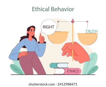 Ethical Behavior concept. Weighing right against truth over a foundation of ethics. A thoughtful journey towards integrity. Flat vector illustration.