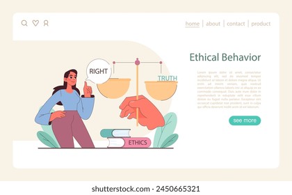 Ethical Behavior concept. Weighing right against truth over a foundation of ethics. A thoughtful journey towards integrity. Flat vector illustration.