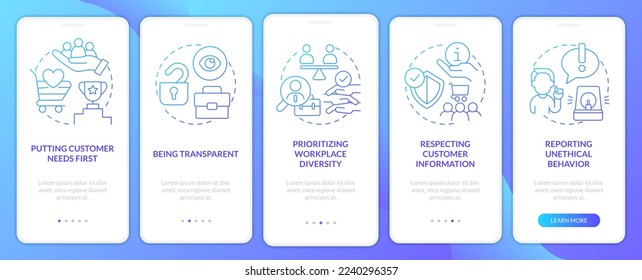 Ethical behavior in customer service blue gradient onboarding mobile app screen. Walkthrough 5 steps graphic instruction with linear concepts. UI, UX, GUI template. Myriad Pro-Bold, Regular fonts used