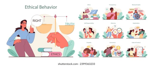 Ethical Behavior set. Balancing truth and rightness, exploring transparency in decisions. Engaging empathy, responsibility, and moral judgments. Flat vector illustration.