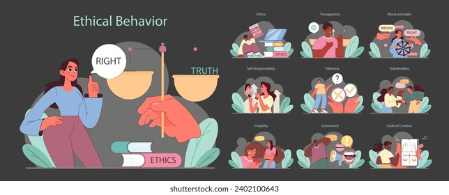 Ethical Behavior set. Balancing truth and rightness, exploring transparency in decisions. Engaging empathy, responsibility, and moral judgments. Flat vector illustration.