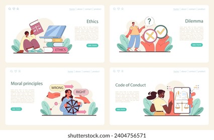 Ethical Behavior set. Delving into ethics, confronting dilemmas, aligning with moral principles, and establishing conduct codes. Flat vector illustration.