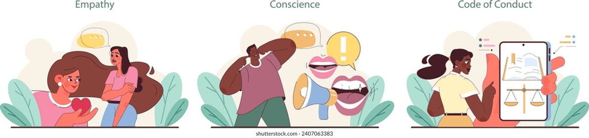 Ethical Behavior set. Demonstrating empathy, listening to conscience, and adhering to codes of conduct. Flat vector illustration.