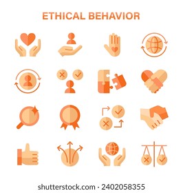Ethical Behavior set. Principles of integrity and fairness in actions. Trust and responsibility icons. Compassion, global care, justice representation. Flat vector illustration.