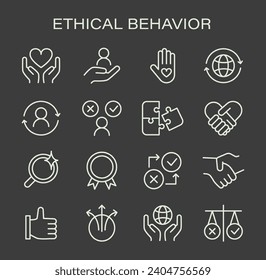 Ethical Behavior set. Principles of integrity and fairness in actions. Trust and responsibility icons. Compassion, global care, justice representation. Flat vector illustration.