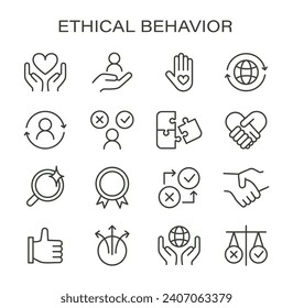 Ethical Behavior set. Principles of integrity and fairness in actions. Trust and responsibility icons. Compassion, global care, justice representation. Flat vector illustration.