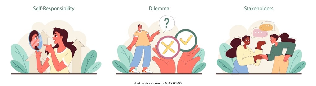 Ethical Behavior set. Self-reflection on responsibility, weighing dilemmas, and considering stakeholder perspectives. Flat vector illustration.