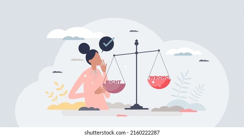 Ethical Behavior And Wright Or Wrong Dilemma Choice Tiny Person Concept. Honesty And Moral Principle As Responsible People Strategy Vector Illustration. Decision Making Process With Bad Or Good Scales