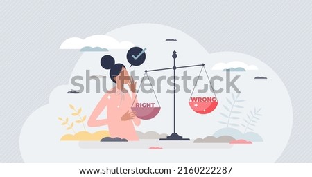 Ethical behavior and wright or wrong dilemma choice tiny person concept. Honesty and moral principle as responsible people strategy vector illustration. Decision making process with bad or good scales
