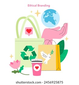 Ethical Branding in Teen Retail. Illustration of sustainable shopping with eco-friendly bags, recycling symbols, and a global conscious mindset. Green consumerism embraced by youth. Vector