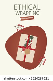 Ethical Christmas Gift Wrapping. A wrapped Christmas gift with sustainable materials, decorated with a red ribbon, rosemary, and a candy cane