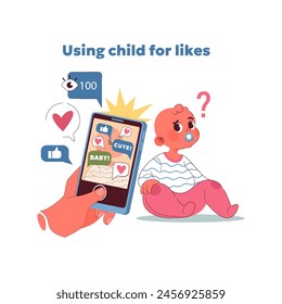 Ethical concerns in family blogging. Baby looks at parent confused. Getting views and comments. Using children for online likes, raising questions of consent and exploitation. Vector illustration