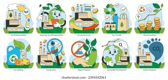 Conjunto de consumo ético. Destaca las prácticas empresariales responsables y el cuidado ambiental. Refleja los principios de una vida sostenible y una economía verde. Ilustración vectorial plana.