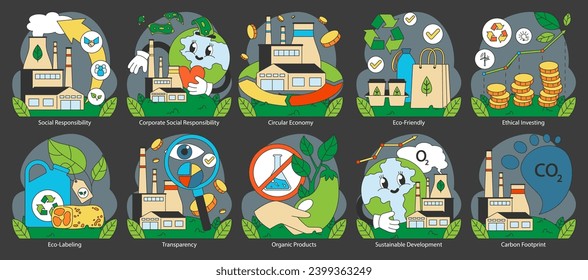 Conjunto de consumo ético. Destaca las prácticas empresariales responsables y el cuidado ambiental. Refleja los principios de una vida sostenible y una economía verde. Ilustración vectorial plana.