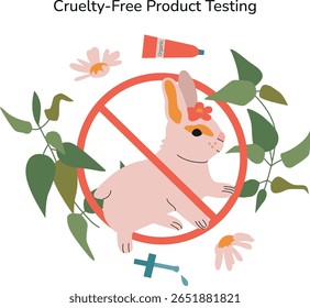 Ethical Cosmetics concept. Advocacy against animal testing with vegan beauty products amidst flora. Compassion in cosmetics industry practices. Vector illustration.