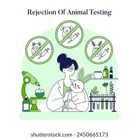 Ethical Cosmetics concept. Advocate for cruelty-free beauty products with icons against animal testing. Cosmetic research with love for animals. Vector illustration.