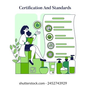 Ethical Cosmetics concept. Assurance of cruelty-free, natural ingredients in skincare. Outline icons represent eco-certifications next to beauty products. Vector illustration.