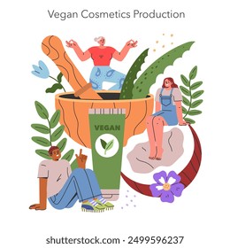 Ethical Cosmetics concept. Enthusiastic individuals symbolize clean beauty, creating vegan cosmetics with natural ingredients. Sustainable and cruelty-free. Vector illustration.