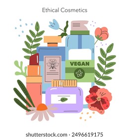 Concepto de cosmética ética. Ilustración de productos veganos para el cuidado de la piel en medio de Elementos naturales. Belleza libre de crueldad, énfasis en ingredientes orgánicos. Ilustración vectorial.