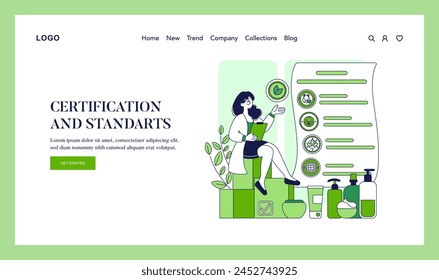 Ethical Cosmetics concept. An informed consumer reviews certified natural beauty products on a digital interface. Trustworthy green beauty standards. Vector illustration.