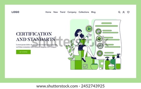Ethical Cosmetics concept. An informed consumer reviews certified natural beauty products on a digital interface. Trustworthy green beauty standards. Vector illustration.