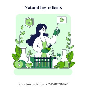 Ethisches Kosmetikkonzept. Wissenschaftler formuliert Schönheitsprodukte mit organischen Materialien in einer nachhaltigen Laborumgebung. In: Natural skin care research. Vektorillustration.
