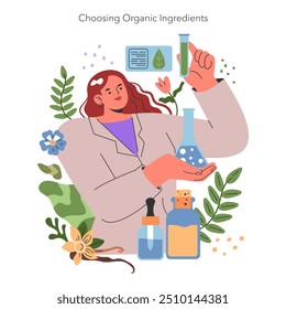 Conceito de cosméticos éticos. Cientista seleciona ingredientes naturais para cosméticos ecológicos, cercados por plantas e tubos de ensaio. Ilustração vetorial.