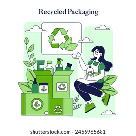 Ethical Cosmetics concept. Showing beauty products in recycled packaging to promote environmental sustainability. Eco-friendly skincare routine. Vector illustration.