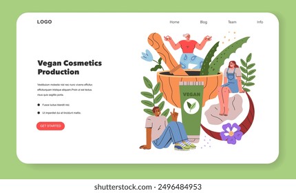 Ethical Cosmetics concept. Tiny characters creating vegan cosmetics surrounded by natural ingredients. Sustainable beauty products manufacturing. Vector illustration.