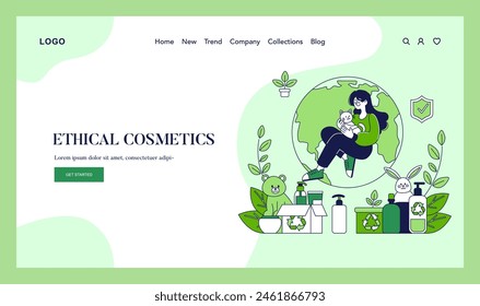 Ethical cosmetics concept. Woman enjoys cruelty-free products in a nature-inspired, eco-friendly website design. Promoting sustainable beauty solutions. Vector illustration.