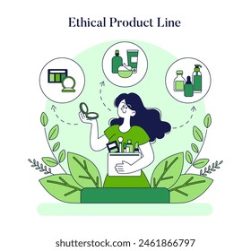 Ethical cosmetics concept. Woman with natural beauty products promoting sustainable skincare. Green consumerism and eco-friendly personal care. Vector illustration.