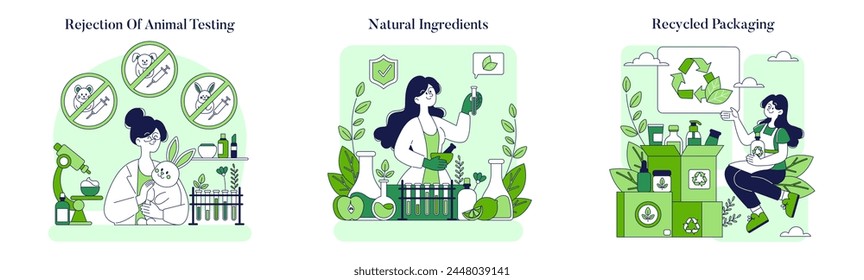 Conjunto de cosméticos éticos. Prácticas sin crueldad, uso de ingredientes naturales y empaques ecológicos. Impulsar la industria de la belleza sostenible. Ilustración vectorial.