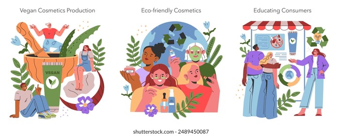 Ethical Cosmetics set. Illustrating stages from vegan production to consumer education on sustainability. Promoting conscious beauty choices. Vector illustration.