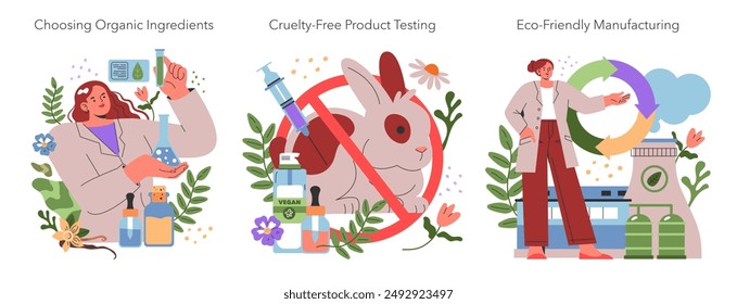 Conjunto de cosméticos éticos. Promover la belleza sostenible a través de ingredientes orgánicos, sin pruebas con animales y una producción respetuosa del medio ambiente. Ilustración vectorial.