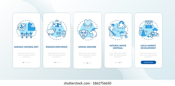 Ethical dairy industry production blue onboarding mobile app page screen with concepts. Farm manufacture walkthrough 5 steps graphic instructions. UI vector template with RGB color illustrations