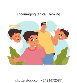 Ethical development concept. Child contemplating right and wrong, influenced by angelic and devilish figures, fostering moral reasoning. Importance of morality and ethics. Flat vector illustration