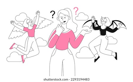 Concepto de dilema ético. La mujer elige entre el bien y la mitad del mal. El carácter toma la decisión. Negocios éticos y moralidad. Jovencita al lado del ángel y el demonio. Dibujo vectorial plano de dibujos animados