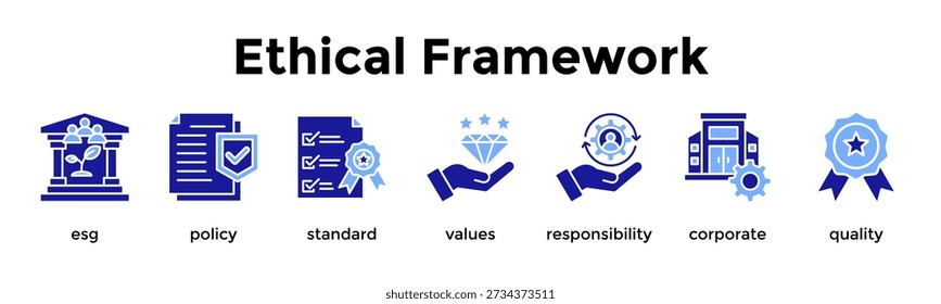 Conjunto de ícones do Ethical Framework. Contendo Esg, Política, Padrão, Valores, Responsabilidade, Corporativo, Qualidade