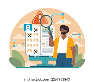 Ethical hacker. Character conducting a security penetration test. White hat exploring vulnerabilities of code to improve cyber security. Flat vector illustration